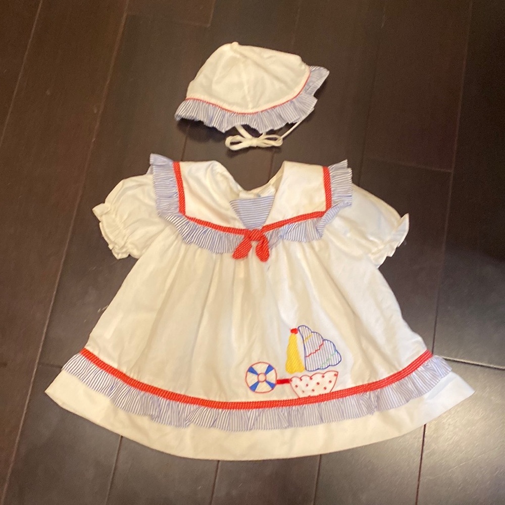 Vintage nautical bib collar dress w/ sailboat & life ring design & matching hat